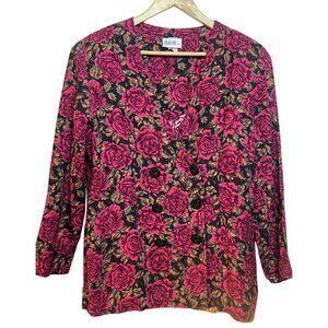 Vintage B.G.B. Ltd. Women's L Floral Blazer Jacket Pink Rose Button Details flaw